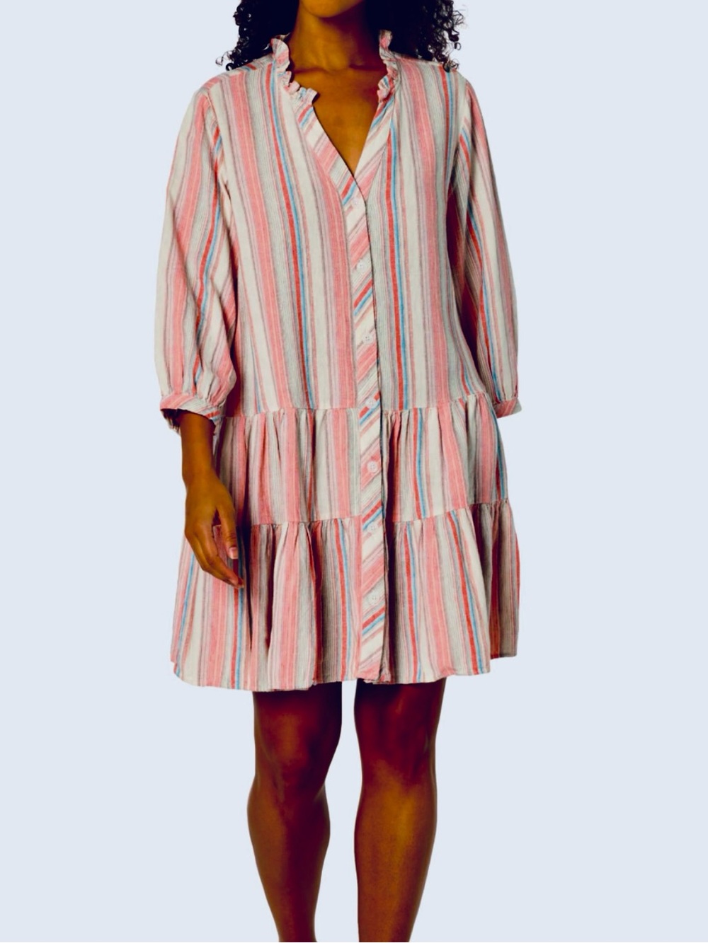 Tommy Hilfiger Pink Multi-Stripe Tiered Mini Dress